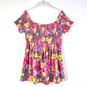 Bobbie Brooks Top Women XL Pink Floral Smocked Bloomcore Cottage Boho‎ NWOT